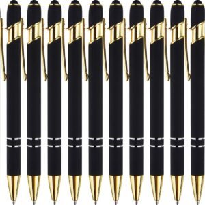 12 Pack Nice Black Pens Ballpoint Pens Stylus Pen for Touchscreen | 1.0mm Smooth Writing Black Ink Pen, Metal Gold Ballpoint Pen with Stylus Tip