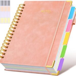 Hardcover Spiral Notebook Journal with Removable Dividers Tabs, 300 Pages Leather 5 Subject Notebook College Ruled, 8"x10" Large B5 Notebooks for Work School Note taking, Lined Journal for Women, Pink